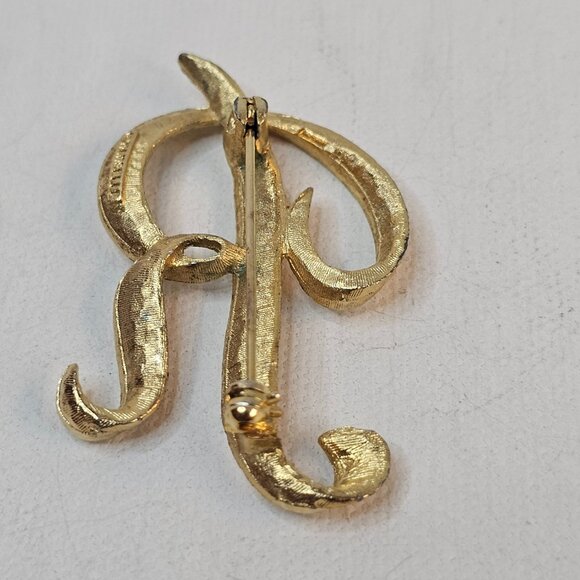 Mamselle Letter R Initial Brooch Gold Tone Monogram Script Retro Brushed Jewelry - Picture 4 of 9